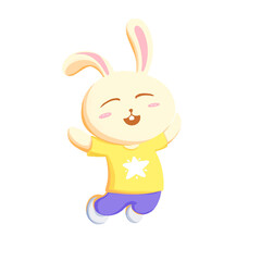 Happy Bunny jumping in yellow shirt and blue pants