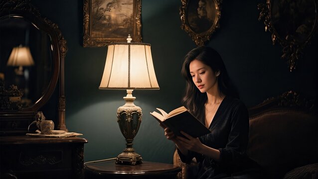 Woman reading a book next to a lamp in a room with antique furniture and framed pictures
