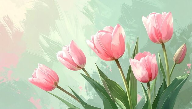 Artistic rendering of pink tulips in a pastel-colored environment