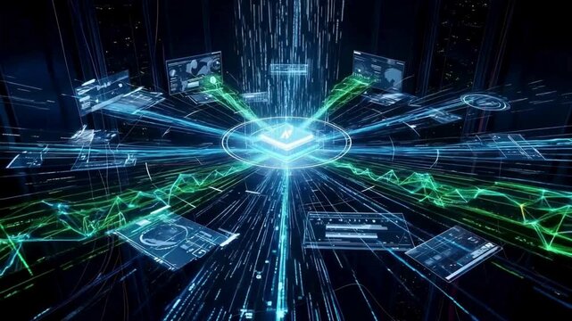 Dynamic digital network pulsating with data and energy, a captivating visual for technology innovation or futuristic concepts, perfect for engaging audiences. - Powered by Adobe