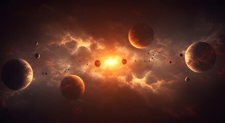 A vibrant cosmic scene with planets, asteroid field, and fiery nebula