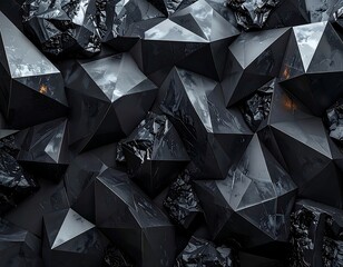 Abstract composition of faceted, dark, crystalline structures