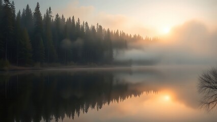 Fototapeta premium Tranquil forest scene mirrored in a peaceful lake, bathed in warm morning light with gentle mist.