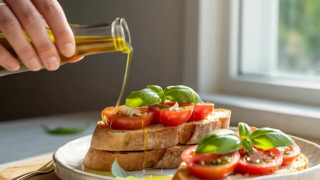 Close-up of a hand pouring olive oil onto delicious bruschetta topped with fresh tomatoes and basil leaves on a rustic plate with a window in the background during daytime natural lighting.