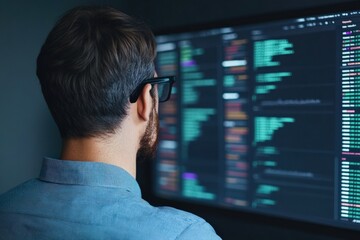 Man with glasses coding, programming, and developing software on a computer screen, focusing on data and technology