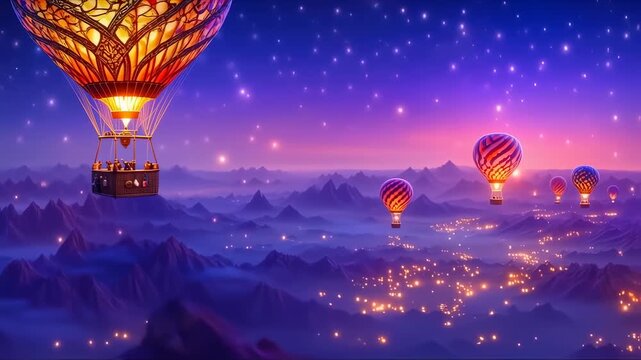 Hot air balloons float above a mountain landscape at twilight, glowing with a magical light