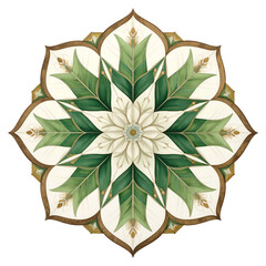 Intricate floral mandala with green leaves and gold accents.