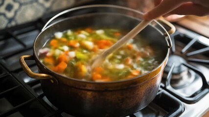 Close-up of a Rustic Copper Pot Filled with Steaming Vegetable Soup Simmering on a Gas Stove with Wooden Spoon Stirring Ingredients and Soft Natural Light