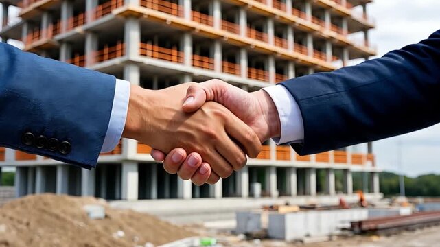 Two business partners shaking hands, finalizing a deal on a construction site with a building under development in the background
