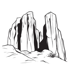 black and white sketch cartoon illustration of rock formations in a national park