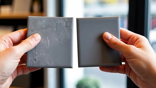 Hands holding two gray tile samples, comparing textures and shades for an interior design project or home improvement