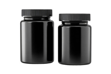 Two identical black plastic screw-top jars arranged side by side against a dark backdrop