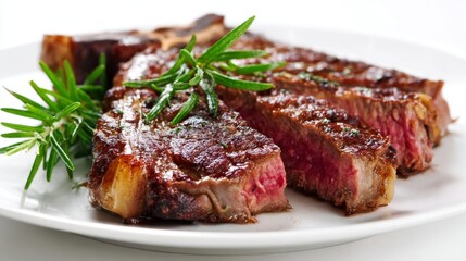 Juicy, Perfectly Cooked Steak on a Pristine White Plate Against a Clean White Background, Emphasizing the Importance of High-Quality, Nutritious, and Protein-Rich Healthy Food Choices