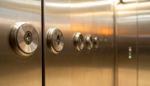 Close-up of elevator control panel with shiny, metallic buttons - Powered by Adobe