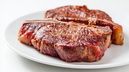 Juicy, Perfectly Cooked Steak on a Pristine White Plate Against a Clean White Background, Emphasizing the Importance of High-Quality, Nutritious, and Protein-Rich Healthy Food Choices