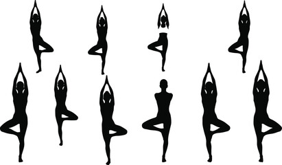 Tree pose silhouettes, yoga vector icons, Vrksasana posture, balance exercise clipart, black yoga figures, meditation design, wellness illustration set