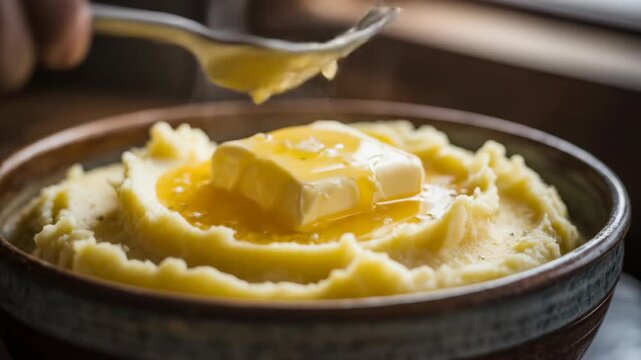 Close up of steaming hot mashed potatoes topped with a melting pat of golden butter and drizzled with melted butter in a rustic bowl with a fork scooping a bite against a dark blurred background.