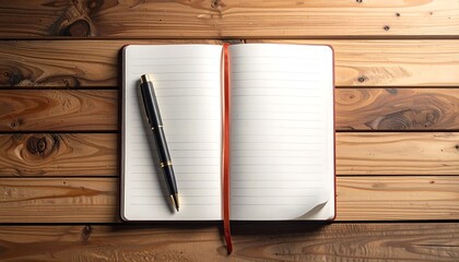 An open blank lined notebook with a pen on wooden surface, red ribbon, ready to write