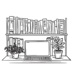 flat and simple line art concept of laptop in a cozy library