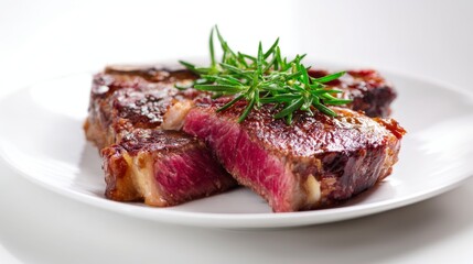 Juicy, Perfectly Cooked Steak on a Pristine White Plate Against a Clean White Background, Emphasizing the Importance of High-Quality, Nutritious, and Protein-Rich Healthy Food Choices