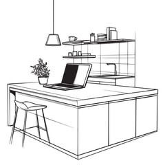 minimal outline vector illustration of laptop on a modern kitchen island