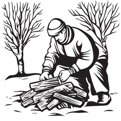 pencil outline line art illustration of gathering firewood for a campfire