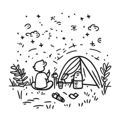 pencil outline line art illustration of camping under the stars