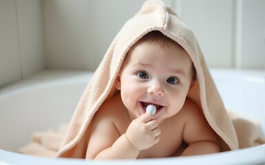 Cute baby with teether under a hooded towel after bath. High quality