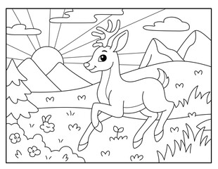 Cute Deer Coloring Page for Kids – Forest and Mountain Landscape