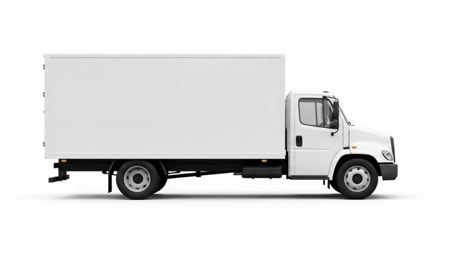 A side profile view of a large white box truck, casting a shadow on a white background. The truck features a cargo box, cab, and wheels