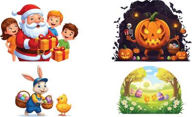 Festive holiday illustration with Santa Claus, Easter Bunny, Halloween pumpkin, and spring chicks, colorful vector design for celebration themes