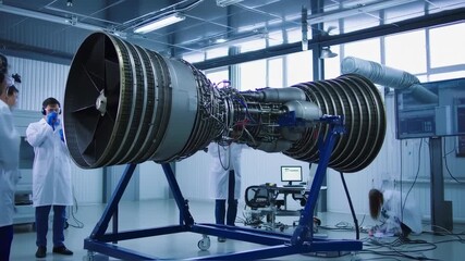 Large jet engine under test in a modern, well-lit industrial facility. Scientists in lab coats examine the engine