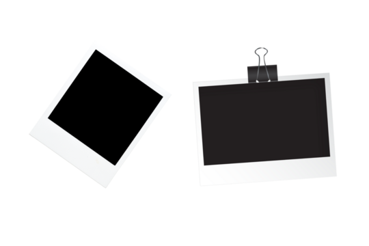 PNG image of Two blank polaroid frames one tilted and one with a clip on a black background for mock up use