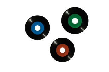PNG image of Three vinyl records with blue green and orange labels on a plain black background in a simple composition