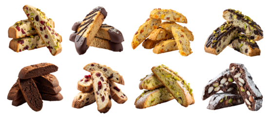 Set of of Italian Biscotti cantucci crunchy, twice-baked cookie biscuit, nuts fruit flavour set, pile stack tower, on transparent cutout PNG. Many different flavor. Mockup template for design