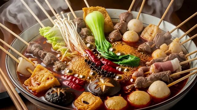 Steaming hot pot experience with vibrant skewers, bubbling broth, and an array of fresh ingredients for a delicious Asian cuisine adventure