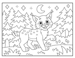 Cute Lynx Coloring Page for Kids – Night Forest Animal Scene
