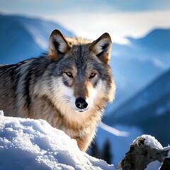A detailed portrait of a wolf in a snow-covered mountainous landscape
