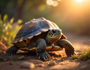 A detailed portrait of a tortoise with beautiful shell basking in the sunlight