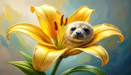 Adorable seal pup nestled inside a vibrant yellow lily blossom