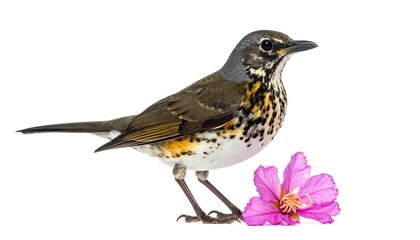 A detailed shot of a bird next to a pink flower against a white background