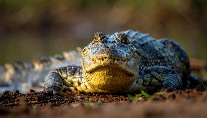 A detailed shot of a caiman reptile staring directly at the viewer