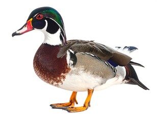 A detailed side profile of a brightly colored Wood Duck on white