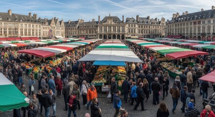 Obraz premium Bustling market square in Lille, France with crowds and colorful stalls.
