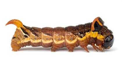 A detailed side view of a colorful caterpillar, white backdrop