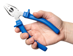 hand holding a pliers with blue rubber handle isolated on white background