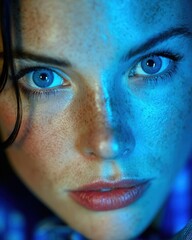Realistic photo of a woman lying awake at night with insomnia illuminated by soft blue light from a digital clock creating a calm emotional mood.