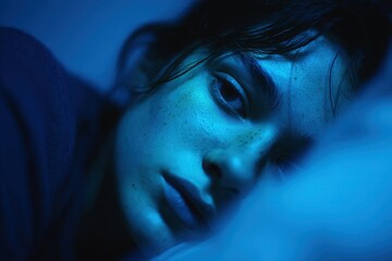 Realistic photo of a woman lying awake at night with insomnia illuminated by soft blue light from a digital clock creating a calm emotional mood.