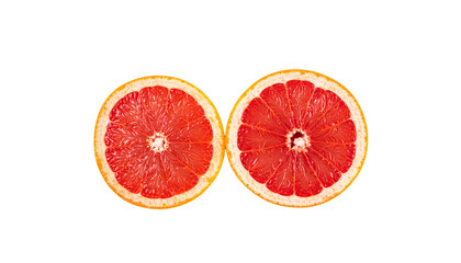 0 - Dual citrus fruit composition with shiny pink grapefruit halves isolated on transparent background