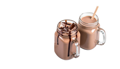 0 - Dual beverage composition featuring iced chocolate milk in jars, refreshing drink collection isolated on transparent background